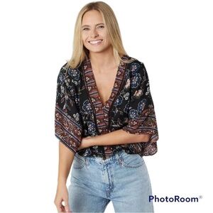 OLM Floral botanical Blue Gold wide sleeves Surplice Top